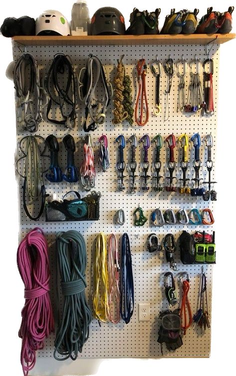 Hangboard Home Setup, Climbing Gear Storage, Climbing Gear Organization, Gear Room Organization, Gear Room Ideas, Outdoor Gear Storage, Gear Organization, Home Climbing Wall, Adventure Room