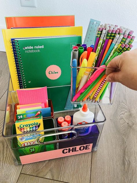 Organizing School Supplies At Home, Organizing School Supplies, Homework Caddy, Organizing School, Homework Organization, Homework Station, Toddler Ideas, School Supplies Organization, Space Savers