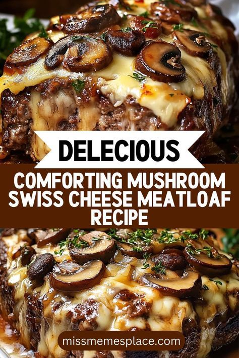 Indulge in the comforting flavors of this Mushroom Swiss Cheese Meatloaf! This easy-to-follow recipe combines juicy ground beef with finely chopped mushrooms and Swiss cheese, creating a dish that’s both hearty and flavorful. Ideal for family dinners or meal prep, this meatloaf can be made ahead and stored for later use. Serve with your favorite sides for a delicious meal that warms the soul and brings everyone to the table! Mushroom Soup Hamburger Recipes, Swiss Dinner Recipes, Mushroom Swiss Meatloaf, Mushroom Ground Beef, Mushroom Meatloaf Recipes, Meatloaf Side Dishes, Mushroom And Swiss, Mushroom Meatloaf, Cheese Meatloaf