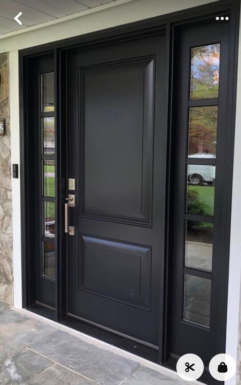 Black Front Door With White Sidelights, Large Black Front Door, Modern Black Front Door, Black Front Door With Sidelights, Simple Door Design, Outdoor House Ideas, Exterior Doors With Sidelights, Doors With Sidelights, Front Door Black