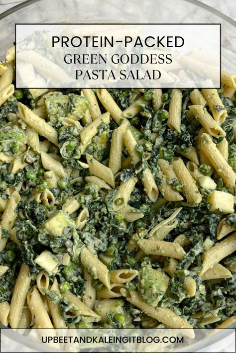 Protein-Packed Green Goddess Pasta Salad - Upbeet & Kaleing It Pasta Salad Protein, Green Goddess Pasta Salad, Green Goddess Pasta, Salad Protein, Roasted Peas, Curry Pasta, Protein Salad, Fresh Summer Salad, Watermelon Feta Salad