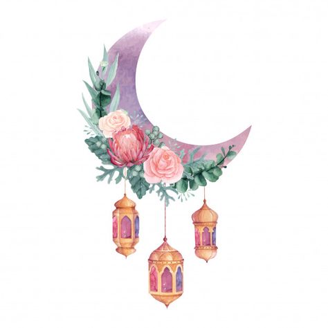 Watercolor crescent moon with flowers an... | Premium Vector #Freepik #vector #flower #watercolor #islamic #ramadan Crescent Moon With Flowers, Moon With Flowers, Eid Al Fitr, Crescent Moon, Premium Vector, Crescent, Ramadan, Watercolor Painting, Lanterns