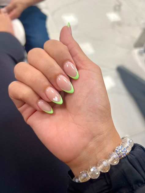 Green Tips Nails Almond, Green French Tip Nails With Heart, Mint Green Almond Nails With Design, Sea Green French Tip Nails, Almond Nails Light Green, Green Hearts Nails, Green Nail French Tip, Green Almond Nails French Tip, Nails Green Heart