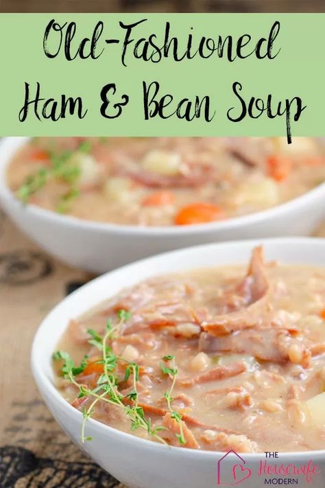 Old-fashioned ham and bean soup recipe. Use a leftover ham hock, add some beans, veggies, and herbs. And end up with a delicious (and cheap) meal. Ham And Bean Soup With Potatoes, Ham Ends Recipe, Ham Potato Bean Soup, Thick Ham And Bean Soup, Old Fashioned Ham And Beans, Leftover Ham Hock Recipes, Frugal Soup Recipes, Old Fashioned Ham And Bean Soup, Ham Bean And Potato Soup Recipes