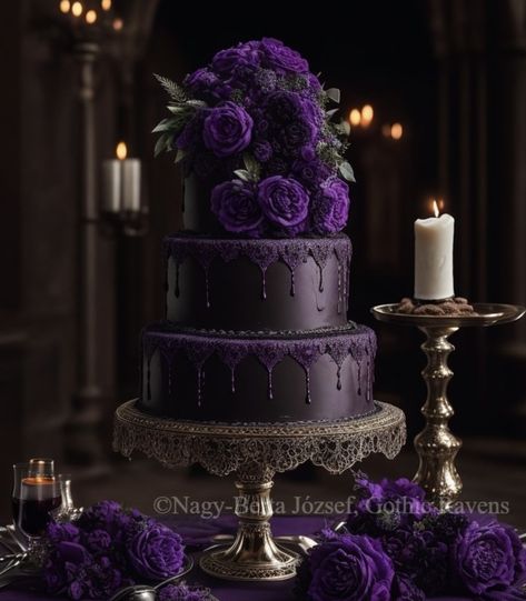 Lavender And Black Quinceanera Ideas, Purple Goth Wedding, Black And Purple Wedding Cake, Dark Purple Wedding Cake Ideas, Goth Wedding Cake, Black And Purple Wedding Dress Gothic, Moody Wedding Cake, Black And Purple Vintage Cake, Goth Wedding Cake Victorian Gothic