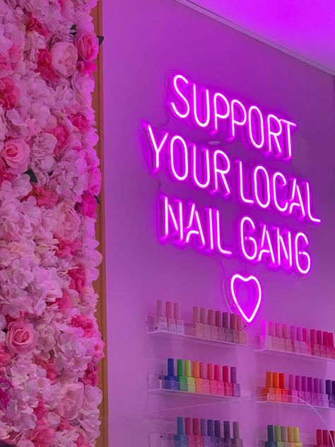 Aesthetic Names For Nail Business, Nail Salon Neon Sign, Neon Nail Sign, Pink Nail Salon Aesthetic, Purple Nail Room, Nail Tech Aesthetic Wallpaper, Nail Neon Sign, Nails Shop Interior Design, Nail Shop Names Ideas