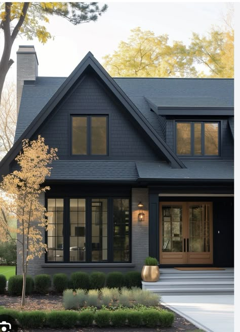 Dark Charcoal House Exterior, Black Painted House, Black Houses Exterior, Small Black House, Black Wooden House, Black Exterior House, Home Exterior Paint Ideas, Dark Exterior House Colors, Dark Exterior House