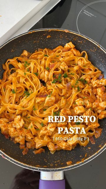 Harleen Kaur | HEALTHY HOMEMADE RECIPES on Instagram: "Red Pesto Pasta 📌Press ’SAVE’ for that Lunch/Dinner Inspo❤️ 📍Serves 1 📍510 Calories per serving 📍49g C | 13g F | 48g P - Spray Oil - 150g Chicken Breast - 50g Onion - Chicken seasoning - Salt & pepper - 1/2 cup Oat milk ( optional if you want more saucy) - 1 tbsp Red Pesto - 15g Tomato Puree - 20g Cream Cheese - 60g Tagliatelle - Pasta Water (only if required) Spray the pan with oil. Add the chicken and onions. Once mid cooked add c Red Pesto Pasta, Chicken And Onions, Pasta Press, Tagliatelle Pasta, Red Pesto, Tomato Puree, Pasta Water, Seasoning Salt, Onion Chicken