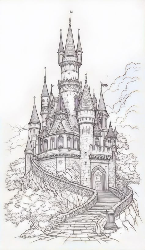 Floating Castle Tattoo, Castle Window Drawing, Palace Drawing Easy, Old Castle Drawing, Drawing Castle, Pencil Crayon Drawing, Nike Drawing, Two Point Perspective, Castle Window