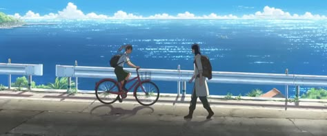 Suzume’s and Soto first encounter by the sea, Suzume goes to school by bike, see in the background Suzume Artwork, Suzume Laptop Wallpaper, Suzume No Tojimari Wallpaper Desktop, Suzume Wallpaper Desktop, Suzume Aesthetic, Suzume Wallpaper, Anime Cinematography, Makoto Shinkai Movies, Iron Blooded Orphans