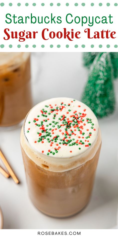 Starbucks Sugar Cookie Latte copycat recipe with red and green sprinkles Starbucks With Almond Milk, Nespresso Hot Recipes, Blonde Vanilla Latte Starbucks Recipe, Sugar Cookie Chai Latte Starbucks, Sugar Cookie Almond Milk Latte Starbucks, How To Make Espresso Drinks, Nespresso Bianco Doppio Recipe, Christmas Iced Coffee Recipes, Iced Sugar Cookie Almond Milk Latte