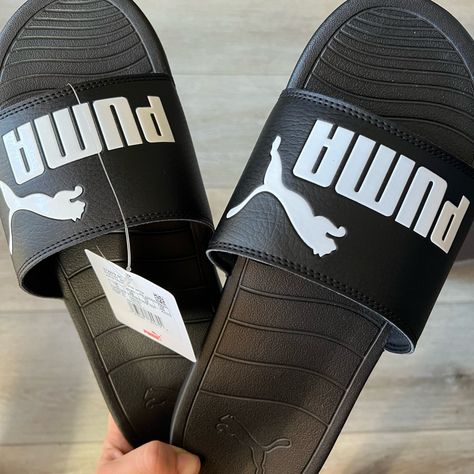 Men’s Puma Slides Size 12 Popcat Puma Slippers, Puma Sandals, Puma Slides, White Slides Sandals, Basic Sandals, Men Slides, White Puma, Black Slides, Puma Logo