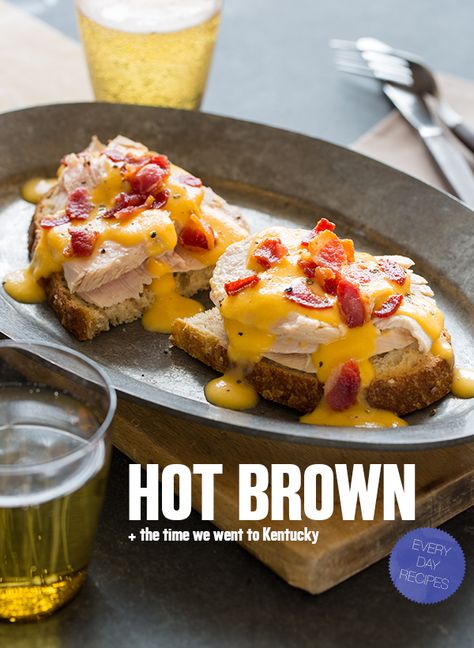 A delicious open faced turkey sandwich smothered in a Mornay sauce and topped with crispy bacon. Hot Brown Sandwich, Open Faced Sandwich Recipes, Brown Sandwich, Kentucky Derby Food, Kentucky Hot Brown, Spoon Fork Bacon, Brown Recipe, Hot Brown, Open Faced Sandwich