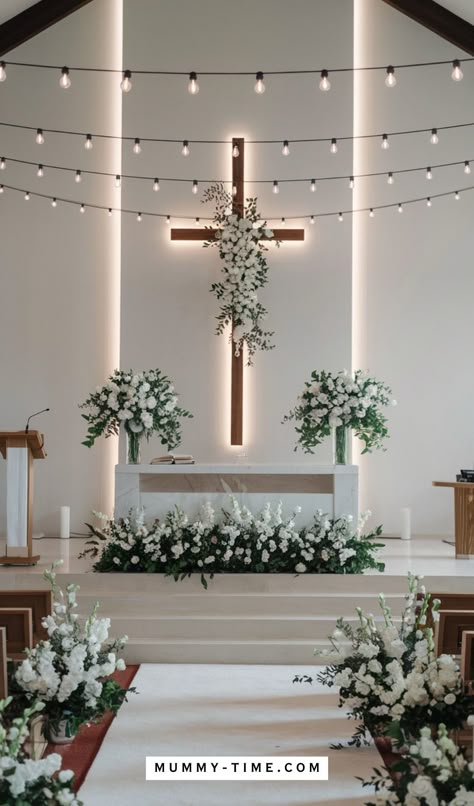 15 Church Wedding Decorations You'll Love | Mummy Time Simple Wedding Altar Decorations, Simple Wedding Decorations Ceremony, Simple Wedding Design Decor, Wedding Decorations Christian, Spring Church Decorations, Altar Wedding Decorations Church, God Wedding Ideas, Wedding Aisle Decorations Indoor Church, Alter Decoration Church