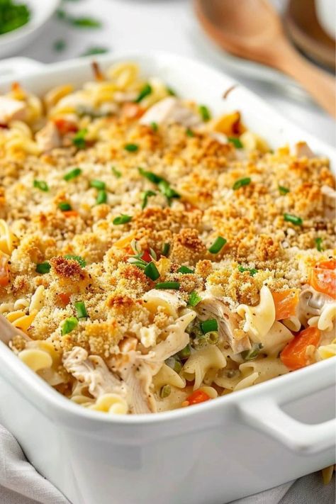 This chicken noodle casserole is as comforting as it gets! Packed with chicken, veggies, and egg noodles in a creamy sauce, you'll flip for it. Loaded Cheesy Chicken Noodle Casserole, Cheesy Chicken Noodle Bake, Campbells Chicken Noodle Casserole, Pioneer Woman Chicken Noodle Casserole, One Pan Chicken And Noodles, Gluten Free Chicken Noodle Casserole, Tuna Noodle Casserole With Cream Of Chicken, Escalloped Chicken And Noodles, Chicken And Noodle Bake