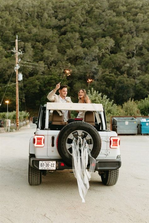 A getaway jeep wedding car with sparklers for a jeep wedding exit photo Jeep Wedding, California Boho, Wedding Design Inspiration, Central Coast California, Wedding Exit, Ranch Wedding Venue, Intimate Wedding Reception, Modern Wedding Decor, Wedding Exits