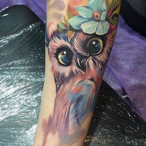 Watercolor Owl Tattoo, Watercolor Owl Tattoos, Colorful Owl Tattoo, Owl Tat, Owl Tattoo Drawings, Cute Owl Tattoo, Model Tattoo, Owl Tattoo Design, Colorful Owls