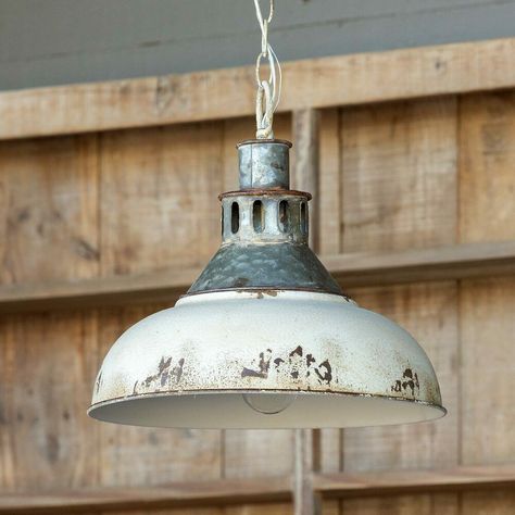 Pendant Light White Distressed Metal Industrial Farmhouse #Enchantedfarmhouse #IndustrialFarmnhouse Antique White Paint, Historic Lighting, Industrial Style Pendant Lights, Antique White Paints, Factory Pendant Light, Farmhouse Style Lighting, Lighting Tips, Rustic Pendant Lighting, Park Hill