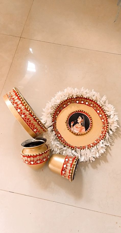 Karwa Chauth Plate Decoration, Karwachauth Thali Set, Karvachauth Thali Decoration, Karwa Chauth Decoration Ideas, Karwachauth Thali Decoration Ideas, Karva Chauth Thali Decoration, Karva Chauth Thali, Karwachauth Look, Karwachauth Thali