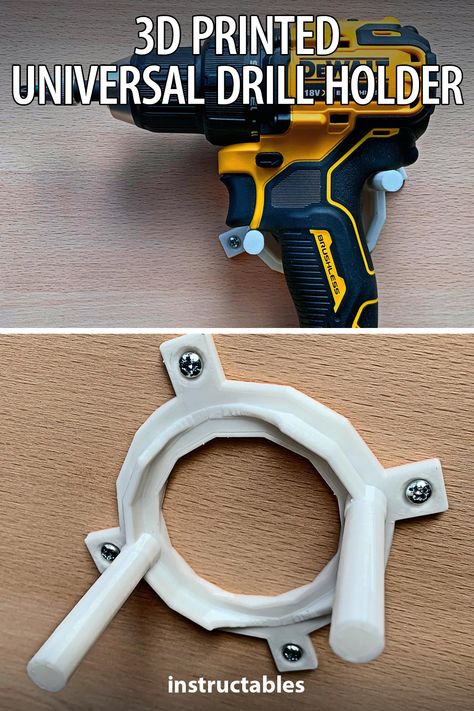 Timbertime shares how to make this 3D printed universal drill holder that allows you to quickly hang any drill on your tool wall. #Instructables #workshop #tools #organization #3Dprint 3d Printed Tools, Tools Organization, Tool Wall, Drill Holder, Workshop Tools, 3d Printing Art, 3d Printing Diy, Cordless Tools, Work Tools