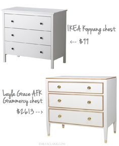 How to make a $100 IKEA Koppang nighstand look like a $2600 Layla Grace Grammercy chest: http://emilyaclark.blogspot.com/2013/09/our-white-gold-ikea-nightstand-makeover.html Diy Nightstand Makeover, Ikea Nightstand, Nightstand Makeover, Diva Den, Casa Clean, Diy Nightstand, Beautiful Bedroom, Creative Furniture, Furniture Hacks