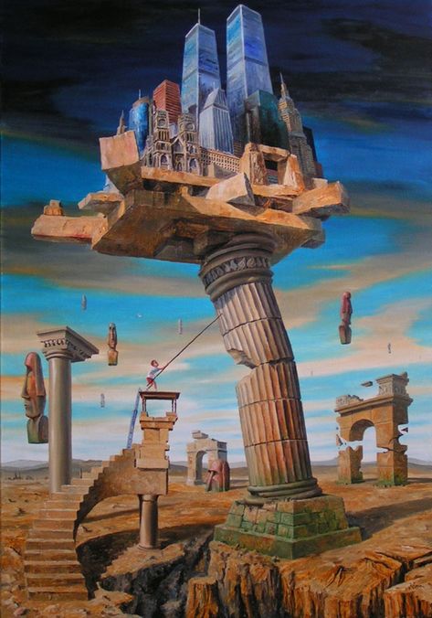 The end of the Twentieth Century. Surreal Architecture with Gothic Undertones. To see more art and information about Jaroslaw Jaśnikowski click the image. Jaroslaw Jasnikowski, Ad Infinitum, Surreal Artwork, Surrealism Painting, Wow Art, Trippy Art, 판타지 아트, Surreal Art, Dali