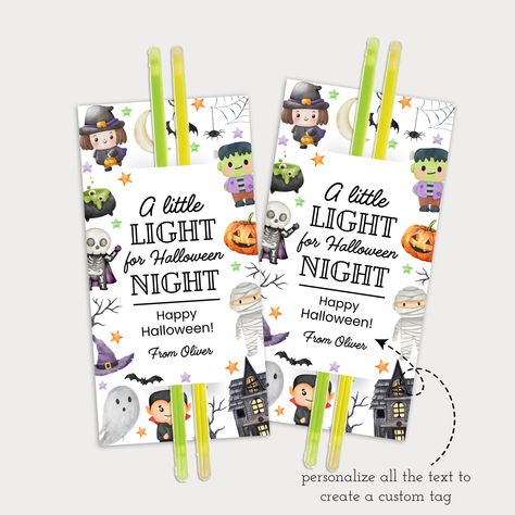 When black cats prowl and pumpkins gleam, it's Halloween! Celebrate the spooky season with custom glow stick tags perfect to add to Halloween goodie bags or use as class gifts. + Includes editable template for 2 1/2" x 5" gift tags that print 6 per 8 1/2" x 11" page or a singe 2 1/2"x 5" jpg tag that can be used over and over+ All text on template are editable using Canva. You can change font style, color, size, delete text blocks and more. How It WorksAfter purchase you will receive an email with a link to download instructions and links to your editable Canva template. Canva is an online design site that is free to use. If you do not have a Canva account you will need to sign up for a free account in order to save and edit your work. Links are included for templates for a single jpg 2 1/ Candy Free Halloween Goodie Bags, Halloween Gifts For Classroom, Halloween Party Gifts For Kids, Halloween Gifts For Preschoolers, Halloween Glow Stick Printable Free, Halloween Gift Tags For Kids, Hand Sanitizer Gift Tag Free Printable, Halloween Gifts For Classmates, Halloween Gift Ideas For Students