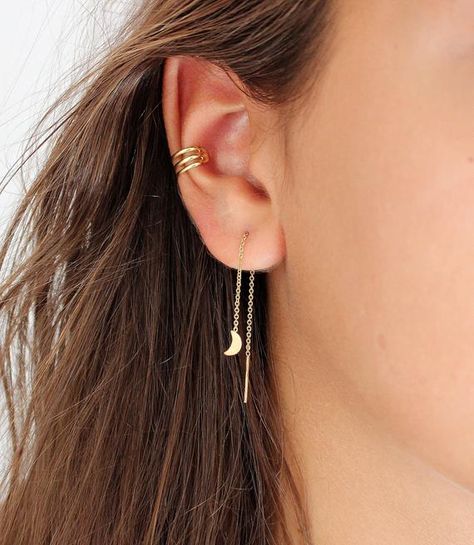 Minimalist Ear Cuff, Threader Earrings Gold, Earrings Moon, Stud Earrings Unique, Gold Ear Cuff, Silver Ear Cuff, Circle Earrings Studs, Dainty Chain, Tiny Stud Earrings