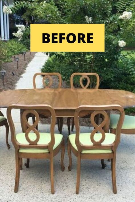 Furniture Rehab Before After, Restoring Dining Room Table, Chalk Paint Dining Table And Chairs, Small Dining Ideas Space Saving, Painting Dining Table And Chairs With Chalk Paint, Repainting Dining Room Table And Chairs, French Cottage Dining Table, Colorful Cottage Dining Room, Repainted Dining Table