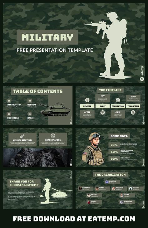 Military 13 Military Graphic Design, Military Powerpoint, Graphic Design Activities, Military Graphics, Best Presentation Templates, Strategic Plan, Google Slides Theme, Group Project, Military Design