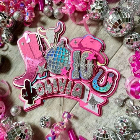 Complete your little gal's event with this beautiful glitter shaker cake topper!! 30th Birthday Cake Topper, Shaker Cake Topper, 30 Birthday Cake, Cowgirl Birthday Party, Disco Cowgirl, First Rodeo, Cowgirl Birthday, Pink Boots, Girl Cake