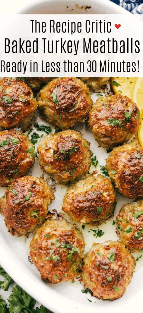 Baked Turkey Meatballs are perfectly seasoned, tender, juicy and absolutely delectable! Supe… | Meatball recipes easy, Turkey meatballs baked, Health dinner recipes Baked Italian Turkey Meatballs, Italian Seasoned Ground Turkey Recipes, Turkey And Chicken Meatballs, Meatball Healthy Recipes, Juicy Turkey Meatballs, Meatball Board, Turkey Meatball Recipes, Easy Baked Turkey, Best Turkey Meatballs