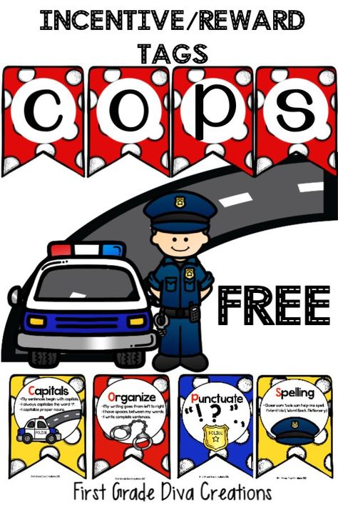 The COPS strategy has never been more adorable or accessible for your students. Use these COPS Brag Tags to encourage your young writers to use capitalization, organization, punctuation, and correct spelling. #writingactivities #firstgradewriting #writingincentives #writingconventions Police Classroom Theme, Cops Anchor Chart, Kindergarten Cop Quotes, Police Officer Prek Activities, Orton Gillingham Kindergarten, Writing Center Organization, Kindergarten Cop, Writing Conventions, Winter Writing