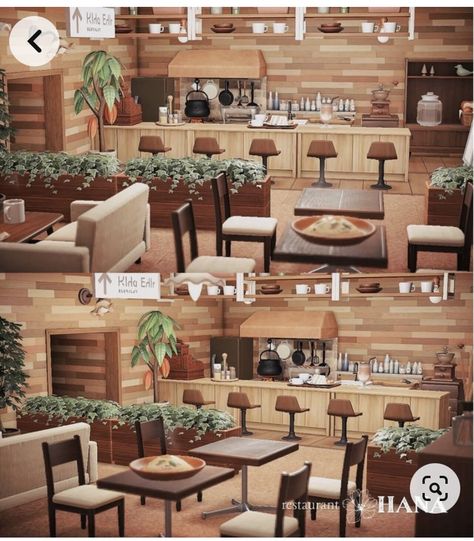 Animal Crossing Hhp Restaurant Ideas, Acnh Villagers Homes Layout, Acnh Living Rooms Ideas, Animal Crossing Cafe, Acnh Happy Home Paradise, Acnh Interior, Acnh Hhp, Resturant Design, Acnh Cottagecore