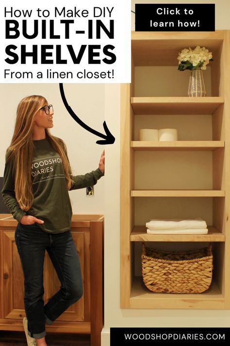 Closet To Shelves, Side Shelves In Closet, Transform Hallway Closet, Convert Linen Closet To Open Shelves, Closet Diy Shelving, Turn A Closet Into A Built In, Diy Built In Shelves Bathroom, Convert Hallway Closet, Living Room Closet Ideas Built Ins