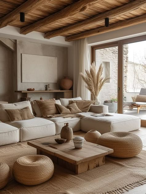 Living Room With Beige Sofa, Pillows For Beige Couch, Beige Couches, Warm Neutral Living Room, Neutral Coastal Living Room, Beige Couch Living Room, Boho Couch, Warm Minimalism, Beige Couch