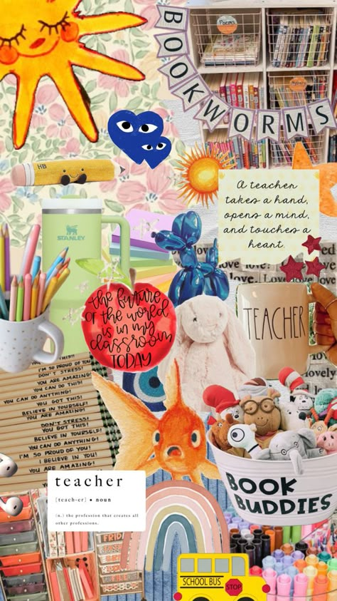 Teacher Mood Board Aesthetic, Teacher Collage Wallpaper, Future Educator Wallpaper Aesthetic, Future Educator Wallpaper, Teacher Mood Board, Educator Aesthetic, Teacher Collage, Teacher Asthetic Picture Classroom, Elementary Teacher Vision Board