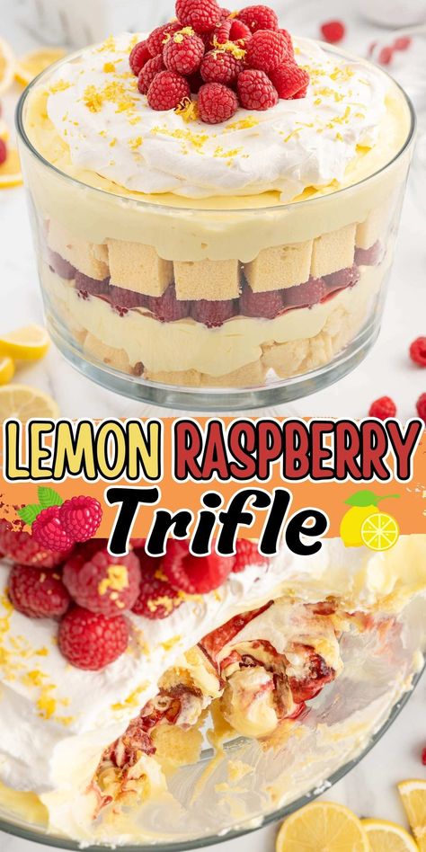 Lemon Raspberry Trifle Fruit Trifle Desserts, Lemon Trifle, Pudding Trifle, Trifle Bowl Recipes, Raspberry Trifle, Fruit Trifle, Trifle Recipes, Butterbeer Recipe, Summertime Snacks