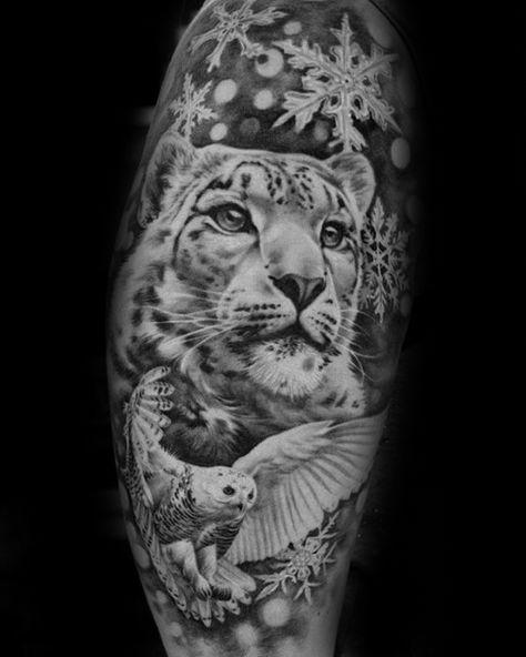 Snow Leopard Male Tattoo Designs Multiple Animal Tattoo, Snow Leopard Tattoo, Tattoo Leopard, Leopard Tattoo, Leopard Tattoos, Tattoos Mandala, Tattoo Zeichnungen, Geniale Tattoos, Tattoo Designs For Men