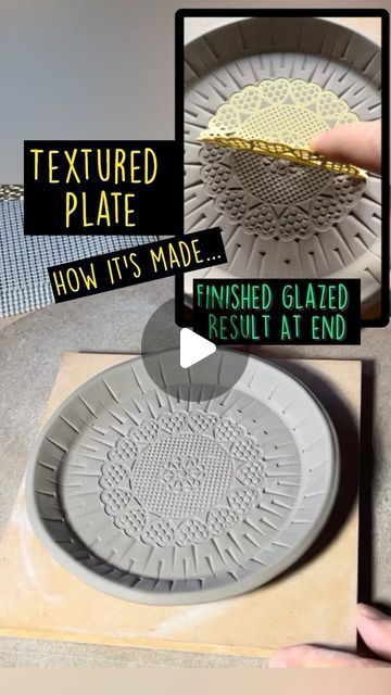 Aliveguy Pottery on Instagram: "Follow up with Finishing Piece Reveal at the end of this grid favorite. Here’s How it’s Done. I used a small coaster placemat for center texture and improvised the rest. Glaze is @amacobrent Jade Celadon #amacoglazes #amacobrent #texture #howitsmade #pottery #ceramics #artreels #artvideo #artist #potteryprocess #handbuiltceramics" Best Glazes For Textured Pottery, Amaco Celadon Glazes, Glazing Textured Pottery, Press Plates Pottery, Pottery Texture, Handbuilt Pottery Dinner Plates, Square Pottery Plates, Embossed Ceramic Plates, Celadon Glaze