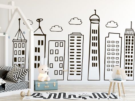 Large Doodled City Skyline Wall Decals Nursery Kids Room Playroom Preschool Decor - Hand Drawn Stickers for Boys Superhero Theme Room 92 Superhero Theme Bedroom, Superhero Boys Room, Boys Room Diy, Kids Church Decor, New York Theme, Preschool Decor, Themed Kids Room, Children Room Boy, Superhero Room