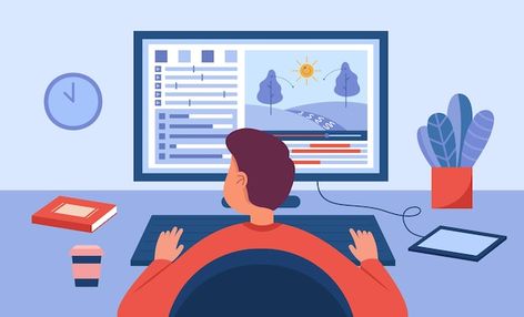 Male animator sitting at computer desk a... | Free Vector #Freepik #freevector #computer-illustration #video-animation #laptop-flat #computer-graphic What Is Motion, Ink Blot, Ornament Frame, Butterfly Watercolor, Banner Vector, 2d Animation, Inbound Marketing, Animated Characters, Cartoon Illustration