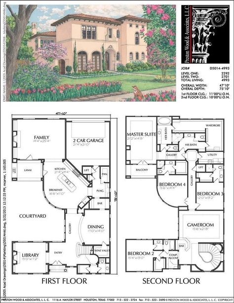 House Floor Plans 2 Story, 2 Story House Plans, Courtyard Homes, 2 Story House, Urban House, Two Story House Design, Floor Plans 2 Story, Vintage House Plans, Sims Building