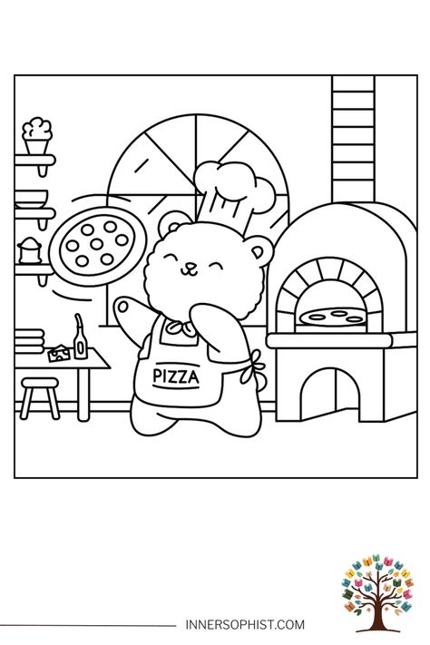 Bear Pizza Chef Coloring Page Kitchen Coloring Pages, Food Coloring Sheets, Bear Pizza, Pizza Coloring Page, Bear Coloring Page, Christmas Pizza, Hot Pizza, Baked Pizza, Coco Wyo