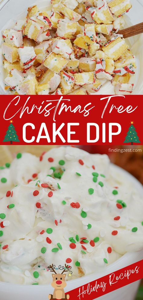 Little Debbie tree cakes cut in a bowl with a wooden spoon. A close up of fluffy white dessert dip with red, green and white sprinkles in a white bowl. Easy Holiday Dessert Dips, Christmas Tree Cake Dip, Tree Cake Dip, Cake Dip Recipe, Little Debbie Christmas Tree Cakes, Debbie Cakes, Easy Dessert Dips, Christmas Tree Desserts, Holiday Dips