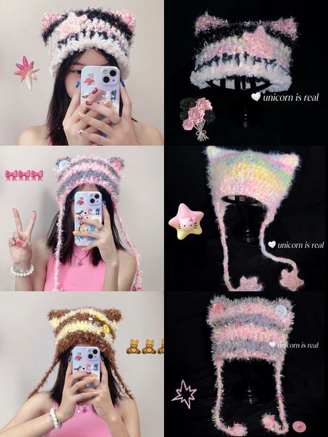 Crochet Y2k Accessories, Crochet Fuzzy Hat, Fuzzy Hat, Crochet Beach Bags, Crochet Bandana, Crochet Fairy, Crochet Hat For Women, Crochet Cap, Crochet Stitches Tutorial