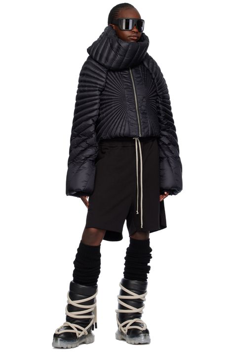 Rick Owens: Black Moncler Edition Radiance Down Jacket | SSENSE Rick Owens Gimp Puffer, Moncler Rick Owens, Black Radiance, Silver Engraving, Funnel Neck, Press Studs, Gym Wear, Knit Cuff, Rick Owens