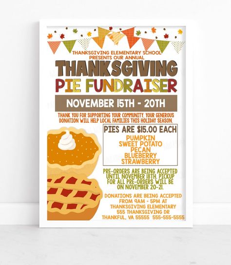 Thanksgiving Elementary School, Thanksgiving Elementary, Fall Invitations, Sweet Potato Pecan, Thanksgiving Pie, Fundraiser Flyer, Autumn Invitations, Thanksgiving Pies, Falls Church