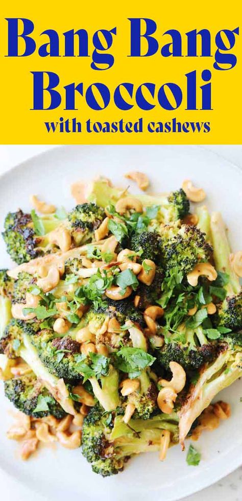 This bang bang broccoli is the ultimate side vegetarian dish. It's creamy, crunchy, spicy and SO GOOD! And if you switch out the mayo for nonfat Greek yogurt, it can even be healthy! It pairs perfectly with grilled meats and plenty of Asian inspired dishes! Keto Chinese Side Dishes, Weeknight Dinner Inspiration, Low Carb Asian Side Dishes, Thai Recipes Side Dish, Asian Veggie Side Dish, Thai Broccoli Side Dish, Asian Inspired Vegetable Sides, Vegetarian Dinner Asian, Thai Food Side Dishes