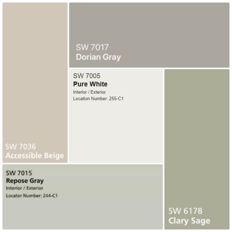 This palette is warm and cozy. With grays, beiges, and a beautiful sage this palette is sure to suit any home. With creamy tones these colors will soothe in any room. All paints can be purchased fr… Sage Grey Beige Bedroom, Sage And Grey Palette, Sage Charcoal Palette, Grey And Sage Color Palettes, Grey Beige And Green Bedroom, Color Palette For Your Home, Green Grey Beige Palette, Sage And White Color Palette, Gray Beige Green Color Palette